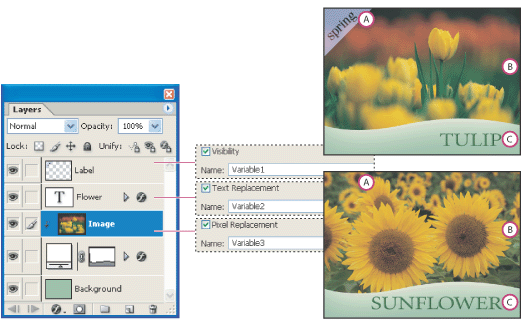 Illustration of Two versions of a Web image based on the same template with these callouts: A. Visibility variable B. Pixel Replacement variable C. Text Replacement variable