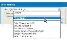 Saved settings in Photoshop will appear in the Color Settings menu in Illustrator, InDesign and Acrobat 6.