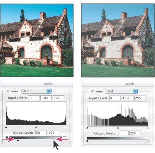 Before and after adjusting the Output Levels to set the shadow and highlight levels