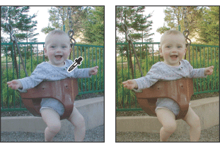 Before and after using the Set Gray Point Eyedropper tool on a color sampler placed on a neutral gray in the image