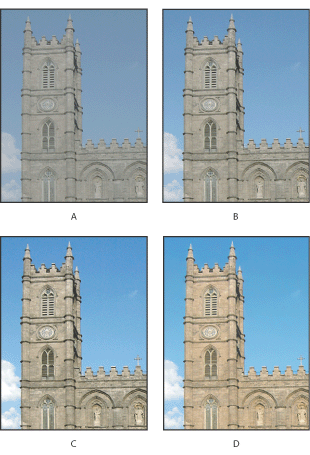 Illustration of Auto adjustments with these callouts: A. Original image B. Auto Levels applied C. Auto Contrast applied D. Auto Color applied