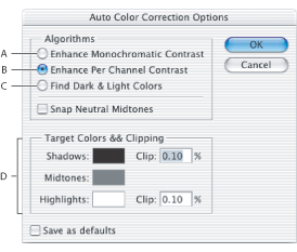 Illustration of Auto Color Correction Options dialog box with these callouts: A. Auto Contrast option B. Auto Levels option C. Auto Color option D. Set target colors, black point, and white point