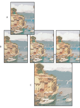 Illustration of Applying filters using the Filter Gallery with these callouts: A. Original image B. Images each with a single filter applied C. Three filters applied cumulatively