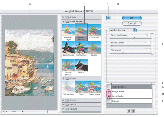 Illustration of Filter Gallery dialog box with these callouts: A. Preview B. Thumbnail of selected filter C. Show/Hide filter thumbnails D. Filters pop-up menu E. Options for selected filter F. List of filter effects to apply or arrange G. Filter effect selected but not applied H. Filter effects applied cumulatively but not selected I. Hidden filter effect