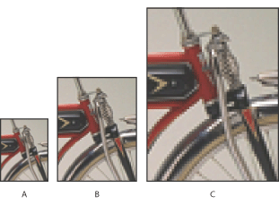 Illustration of Printing the same low-resolution image at different sizes with these callouts: A. Small print size B. Medium print size C. Large print size