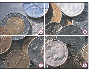Illustration of Screen frequency examples with these callouts: A. 65 lpi: Coarse screen typically used to print newsletters and grocery coupons B. 85 lpi: Average screen typically used to print newspapers C. 133 lpi: High-quality screen typically used to print four-color magazines D. 177 lpi: Very fine screen typically used for annual reports and images in art books