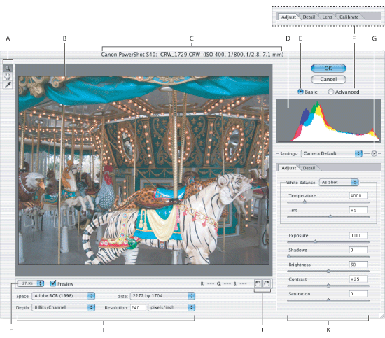 Illustration of Camera Raw dialog box with these callouts: A. Zoom, Hand, and White Balance tools B. Image preview C. Camera, file name, and some EXIF information D. Histogram E. Basic mode F. Advanced mode displays additional tabs G. Photoshop Camera Raw plug-in menu H. Zoom level menu I. Image attributes J. Rotate Preview buttons K. Adjustment sliders