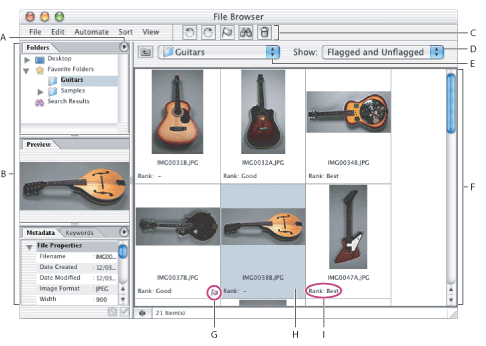 Illustration of The Photoshop File Browser with these callouts: A. Palette pop-up menu B. Palettes C. Toolbar D. Caption E. Location bar F. Main window G. Flag icon H. Selected file I. Rank