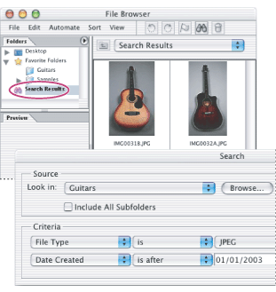 Search criteria, and results from the search