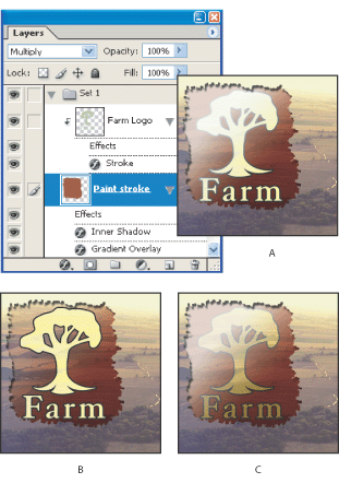 Illustration of Advanced blending options with these callouts: A. Farm Logo and Paint Stroke layers each with its own blending mode B. Blend Interior Effects as Group option selected C. Blend Clipped Layers as Group option selected