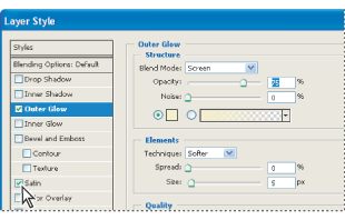Layer Style dialog box. Click a check box to apply the default settings without displaying the effect's options.