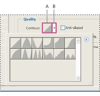 Illustration of Detail of Layer Style dialog box for Drop Shadow effect with these callouts: A. Click to display the Contour Editor dialog box. B. Click to display the pop-up palette.