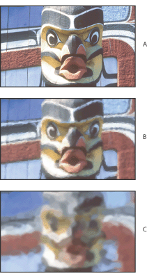 Illustration of Example of using the Art History Brush tool with these callouts: A. Original B. Using a small brush C. Using a large brush