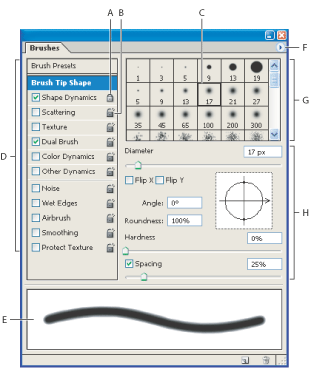 Illustration of Brushes palette with Brush Tip Shape options displayed with these callouts: A. Locked B. Unlocked C. Selected brush tip D. Brush settings E. Brush stroke preview F. Pop-up menu G. Brush tip shapes (available when Brush Tip Shape option is selected) H. Brush options