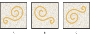 Illustration of Flipping a brush tip on its X axis with these callouts: A. Brush tip in its default position B. Flip X selected C. Flip X and Flip Y selected