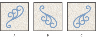 Illustration of Flipping a brush tip on its Y axis with these callouts: A. Brush tip in its default position B. Flip Y selected C. Flip Y and Flip X selected
