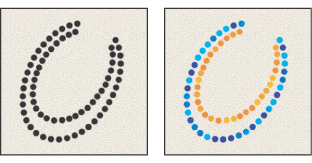 Brush strokes without color dynamics (left) and with color dynamics (right)