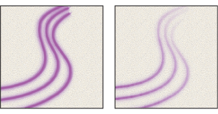Brush strokes without paint dynamics (left) and with paint dynamics (right)