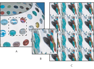 Illustration of Creating a pattern using the Pattern Maker with these callouts: A. Original image with pixels selected to create a tile B. Generated single pattern tile C. Image filled with tiled pattern