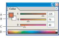 Illustration of Color palette with these callouts: A. Foreground color B. Background color C. Slider D. Color bar