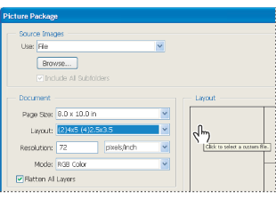 Clicking a placeholder in the Picture Package preview layout lets you browse to select an image.