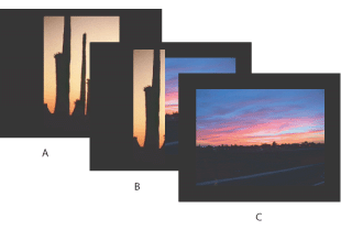 Illustration of PDF Presentation as a slide show with these callouts: A. First slide B. Wipe Left transition C. Second slide