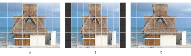 Illustration of Pixel aspect ratio scaling with these callouts: A. Square pixel image viewed on a computer monitor B. Square pixel image viewed on a video monitor C. Same image with the correct pixel aspect ratio viewed on a video monitor