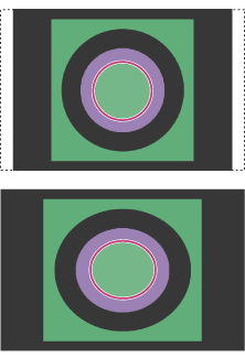 Viewing an image of a circle in a NTSC DV 720x480 document with the Pixel Aspect Ratio Correction turned on (top), and with the Pixel Aspect Ratio Correction turned off (bottom)