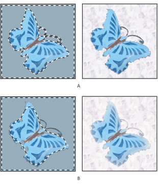 Illustration of Selection without feathering and with feathering with these callouts: A. Selection with no feather, same selection filled with pattern B. Selection with feather, same selection filled with pattern