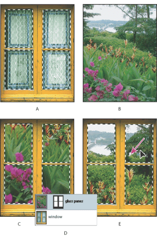 Illustration of Using the Paste Into command with these callouts: A. Window panes selected B. Copied image C. Paste Into command D. Layer thumbnails and layer mask in Layers palette E. Pasted image repositioned