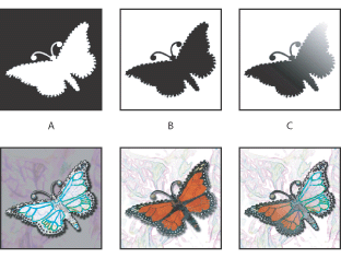 Illustration of Examples of masks with these callouts: A. Opaque mask used to protect the background and edit the butterfly B. Opaque mask used to protect the butterfly and color the background C. Semitransparent mask used to color the background and part of the butterfly