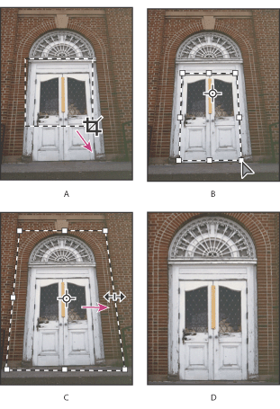 Illustration of Steps to transform perspective with these callouts: A. Draw initial cropping marquee B. Adjust cropping marquee to match the object's edges C. Extend the cropping bounds D. Final image