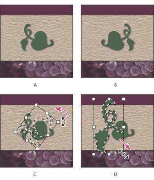 Illustration of Transforming an image with these callouts: A. Original image B. Layer flipped C. Selection border rotated D. Part of object scaled