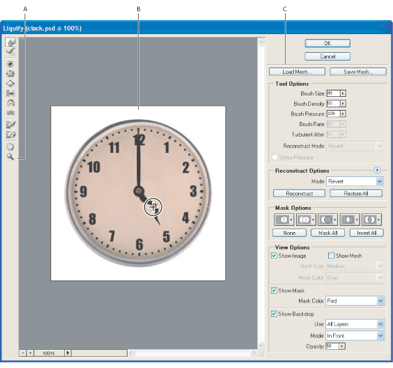 Illustration of Liquify dialog box with these callouts: A. Toolbox B. Preview image C. Options
