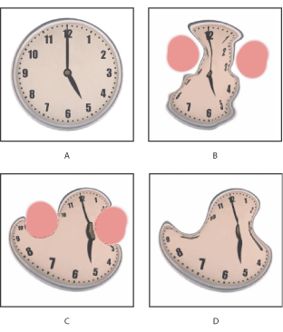 Illustration of Reconstruction based on distortions in frozen areas with these callouts: A. Original image B. Distorted with frozen areas C. Reconstructed in Rigid mode (using button) D. Thawed, edges reconstructed in Smooth mode (using tool)
