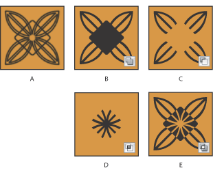 Illustration of Drawing multiple shapes in a layer with these callouts: A. Original shape plus additional shape B. Result with Add to Shape Area selected C. Result with Subtract from Shape Area selected D. Result with Intersect Shape Areas selected E. Result with Exclude Overlapping Shape Areas selected