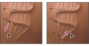 Alt-drag or Option-drag the direction point toward the curve. Release the key, and drag in the opposite direction.