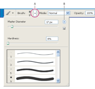 Illustration of Viewing the Brush pop-up palette in the options bar with these callouts: A. Click to open the pop-up palette. B. Click to view the pop-up palette menu.