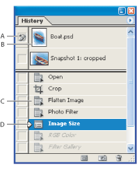 Illustration of Photoshop History palette with these callouts: A. Sets the source for the history brush B. Thumbnail of a snapshot C. History state D. History state slider