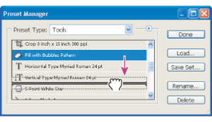 Illustration of rearranging tool presets in the Preset Manager