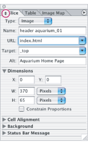 ImageReady Slice palette with Dimension options displayed